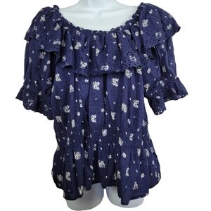 Universal Thread Peasant blouse floral Navy blue white XL ruffles